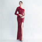 Craft Ostrich Feather Diagonal Shoulder Roman Collar Evening Dress