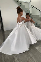 Bmbridal White Satin Flower Girl Dress Floor Length With Jewelled Neckline Bow