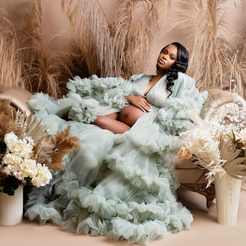 Prom Dress Sexy V-Neck Ruffle Front Split Pregnancy Photography Tauze Sleeve Ruffled Maternity Wear