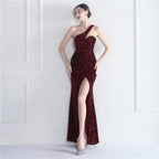 Velvet Bottom Sequin One Shoulder Fishtail Evening Dress