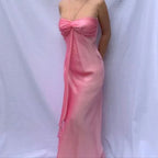 Abito lungo da sera rosa dolce in chiffon senza spalline per ballo formale festa elegante Y7560