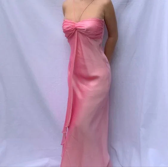 Abito lungo da sera rosa dolce in chiffon senza spalline per ballo formale festa elegante Y7560
