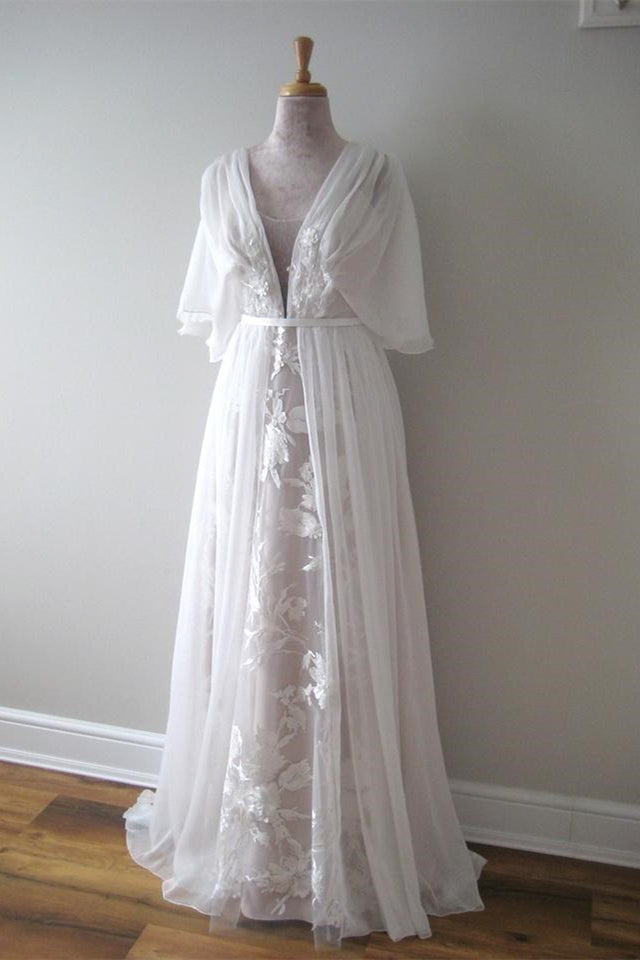 Boho V Neck Chiffon A Line Lace Wedding Dress Belt
