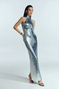 Long-Sleeve Sequin Slit Maxi Prom Dress