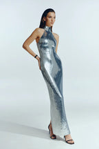 Long-Sleeve Sequin Slit Maxi Prom Dress