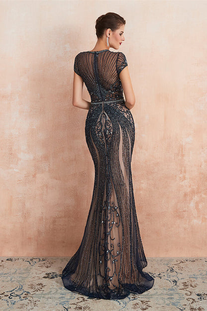 Glamorous Mermaid Beadings Long Prom Dress With Short Sleeves