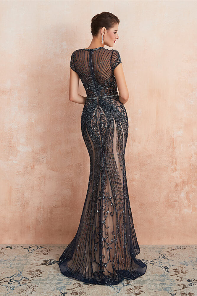 Elegant Short Sleeve Jewel Neck Beaded Mermaid Prom Dress