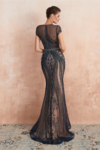 Elegant Short Sleeve Jewel Neck Beaded Mermaid Prom Dress