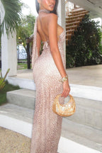 Slant-shoulder Leopard Print Halter Back Maxi Dress