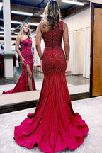Elegant One Shoulder Burgundy Sequin Long Dress With Slit For Formal Evening