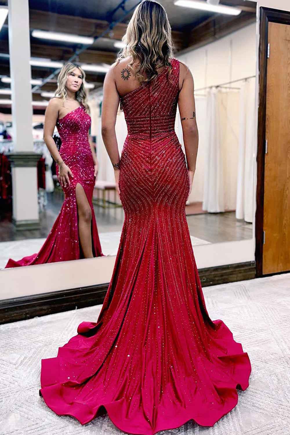 Elegant One Shoulder Burgundy Sequin Long Dress With Slit For Formal Evening