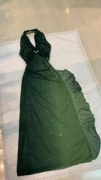 Abito lungo da sera verde ombra in chiffon con collo all'americana, abito da ballo scintillante Y7481