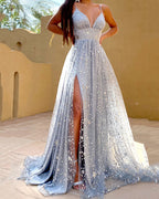 Dusty Blue V Neck Sleeveless Prom Dress With Sequins Floor Length