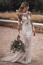 Long Sleeves Mermaid Column Backless Tulle Wedding Dress With Lace Appliques