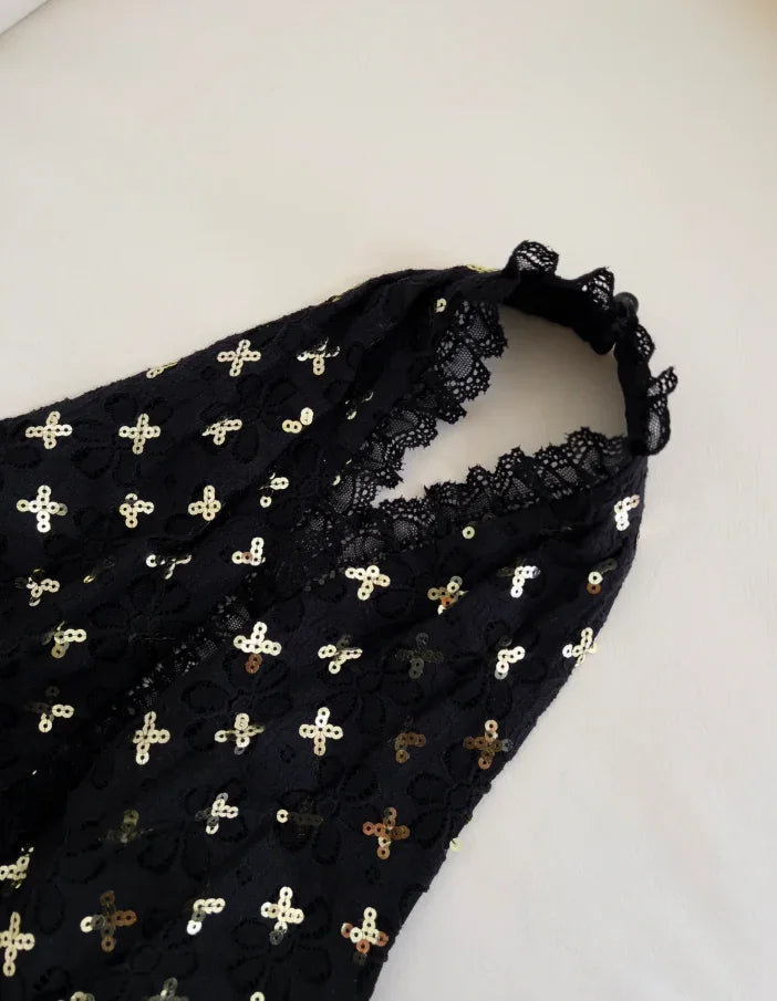 Elegante abito da sera lungo a linea ad A nero con stampa floreale in raso, paillettes e collo all'americana Y8568