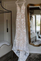 Modern Spaghetti Straps Jewel Mermaid Wedding Dress With Lace V Neck