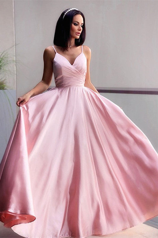 Vestido de fiesta largo rosa con escote en V y tirantes finos de corte A