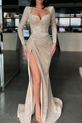 Custom Mermaid Prom Dress Long Sleeves High Split Sequin Evening Gown