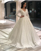 Classic A Line Long Sleeves Floor Length Deep V Neck Wedding Dress Applique Lace
