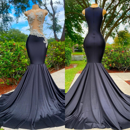 Vestido de fiesta largo negro sin mangas con apliques de encaje y satén sin tirantes de sirena