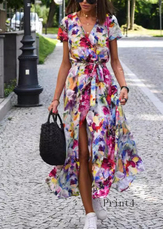 Nuevo vestido de verano de algodón con escote en V, estampado, abertura lateral y lazo en la cintura 
