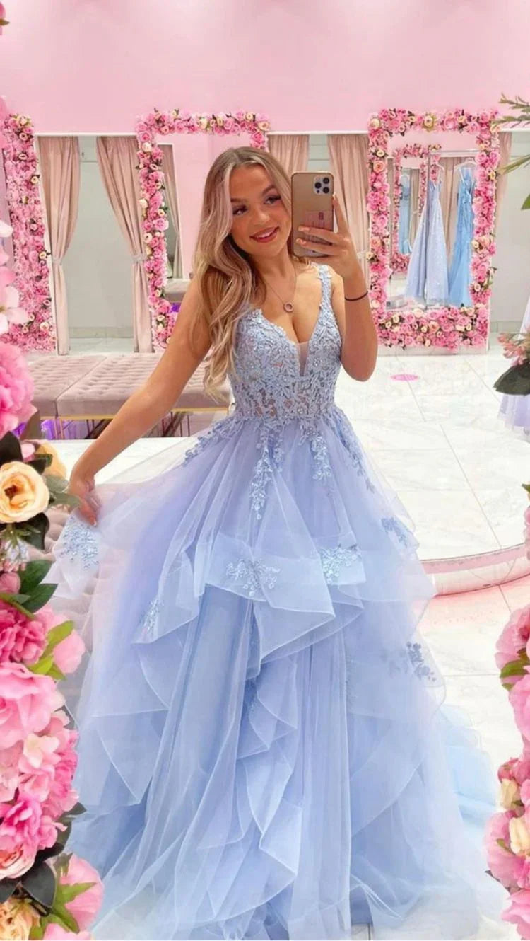 Abito lungo da sera blu con scollo a V in pizzo di tulle, abito da ballo blu Y686