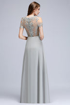 BMbridal Short Sleeve Lace Appliques Chiffon A Line Floor Length Prom Dress