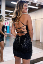  Glitter Bodycon Straps Black Sequins Short Homecoming Dresses