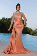 Bmbridal Coral High Neck Mermaid Prom Dress With Crystal Long Sleeves