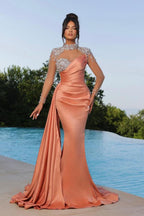 Bmbridal Coral High Neck Mermaid Prom Dress With Crystal Long Sleeves