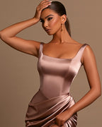 Dusty Rose Spaghetti Strap Square Neck Mermaid Prom Dress With Side Split