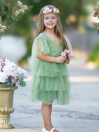 Enchanted Garden Green Tulle Flower Girl Dress Sleeveless V Back