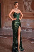 Strapless Sleeveless Long Mermaid Prom Dress With Split Sequins