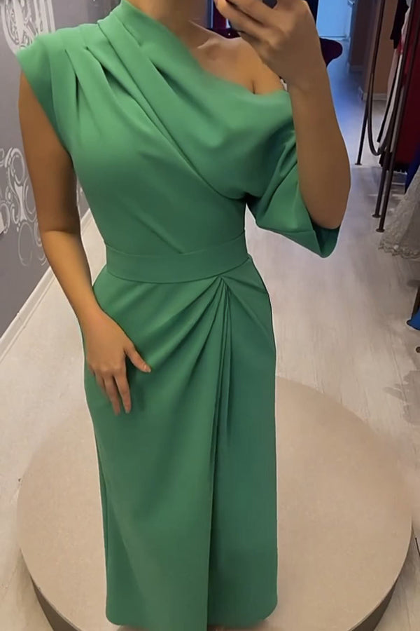 Vestido largo formal de media manga con cuello irregular fruncido de Single Tonight 