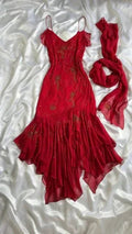 Vestido de Baile Encantador com Contas Vermelho em Chiffon Vestido de Sereia para Noite Vestido de Festa Y7527