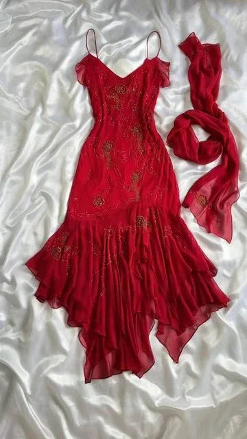 Vestido de Baile Encantador com Contas Vermelho em Chiffon Vestido de Sereia para Noite Vestido de Festa Y7527
