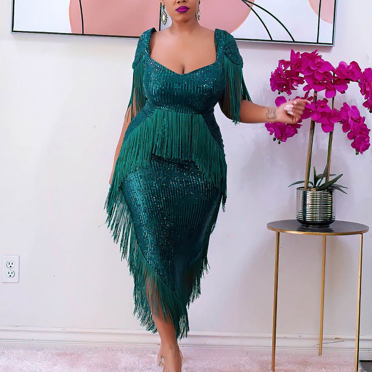 Abendkleid Pailletten Quasten Slim Fit Sexy Brautjungfernkleid Damen 