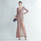 Ostrich Feather Cuff Sequined Fishtail Evening Dress with Side Slit