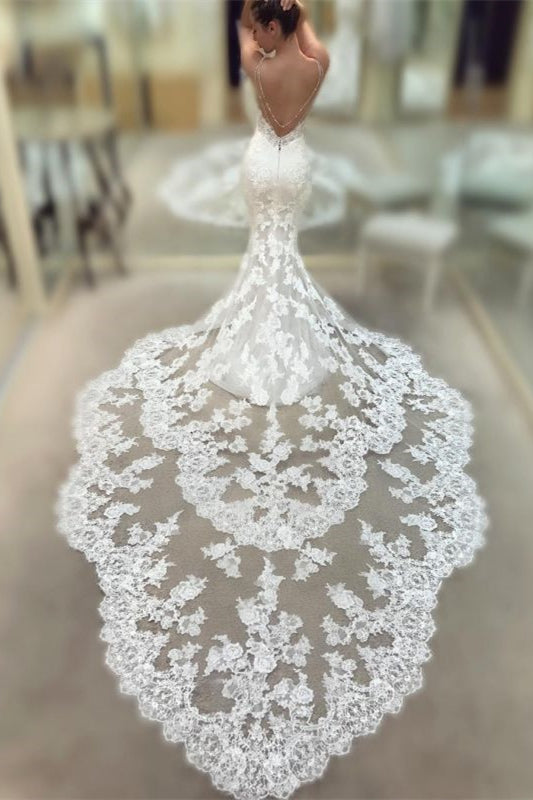 Spaghetti Straps Mermaid Backless V Neck Long Lace Wedding Dress