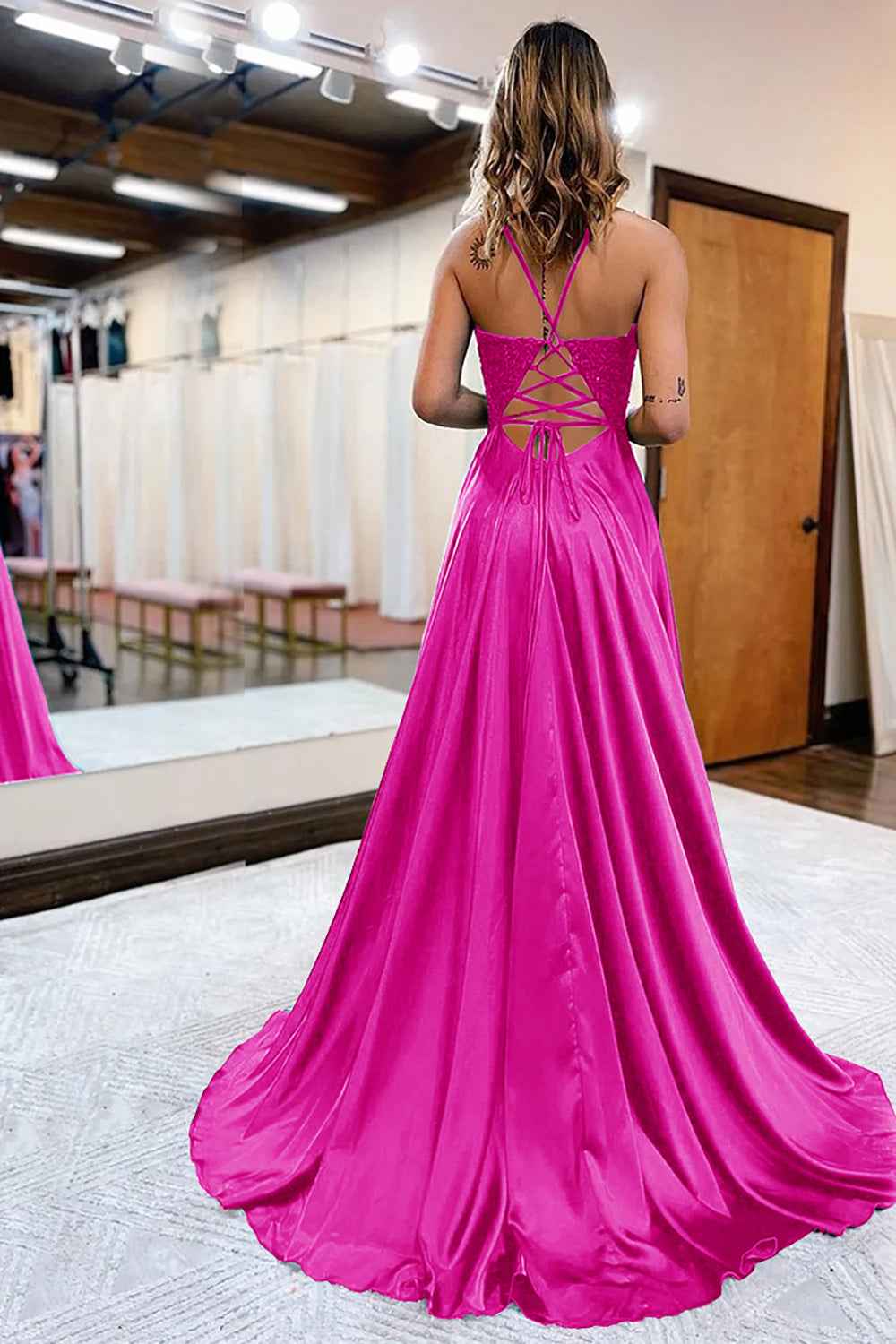 Dark Green Satin A-Line Appliqued Prom Dress With Side Slit For Formal Evening Party Occasions