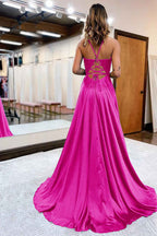 Dark Green Satin A-Line Appliqued Prom Dress With Side Slit For Formal Evening Party Occasions