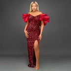 Sexy Ruffles V-neck Elegant Sequ High-End Maxi Dress Ladies Banquet Evening Dress Women Party Dre