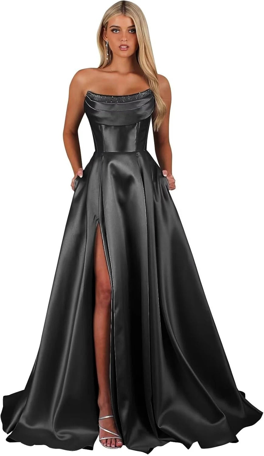 Vestidos de fiesta de corsé sin tirantes para mujer con abertura, vestidos largos formales de satén con bolsillos, elegante vestido de fiesta sin mangas