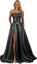 Vestidos de fiesta de corsé sin tirantes para mujer con abertura, vestidos largos formales de satén con bolsillos, elegante vestido de fiesta sin mangas