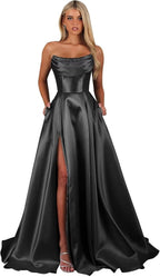 Vestidos de fiesta de corsé sin tirantes para mujer con abertura, vestidos largos formales de satén con bolsillos, elegante vestido de fiesta sin mangas