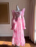 Robe de bal longue ligne A à imprimé mousseline rose joli Y8569