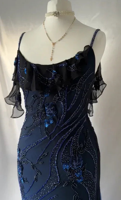 Vestido de noite formal luxuoso azul-marinho em chiffon com contas para festa e baile Y7529