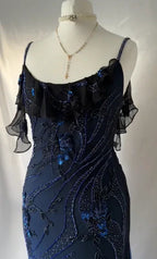 Vestido de noite formal luxuoso azul-marinho em chiffon com contas para festa e baile Y7529