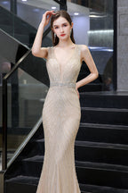 BMbridal Luxurious Beaded Mermaid Prom Dress Sleeveless V Neck Tulle Gown