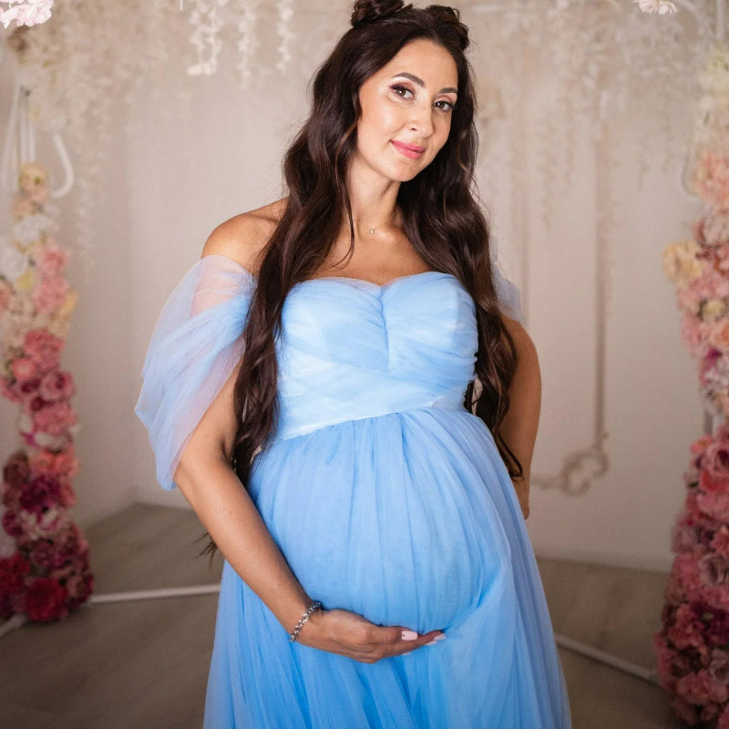 Chic Sky Blue Tulle Maternity Dress with Train - Ideal for Baby Shower Photoshoots
